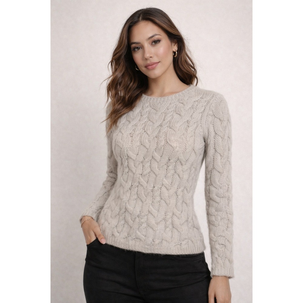EXPRESS Vtg 90s Handknit Lambswool Angora‎ Cable Knit Sweater Fuzzy Cozy Gray S